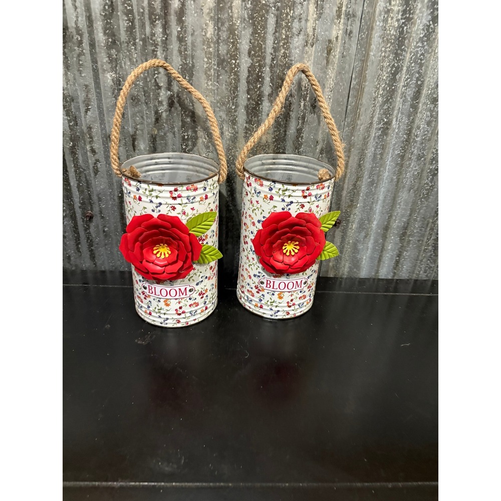 Set of 2 Tin Flower Pots‎ Rustic Farmhouse Metal Planters with Rope Handles